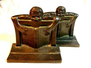 Pair Cast Bronze Arts & Crafts Bookends By Kelley Man Reading Book
