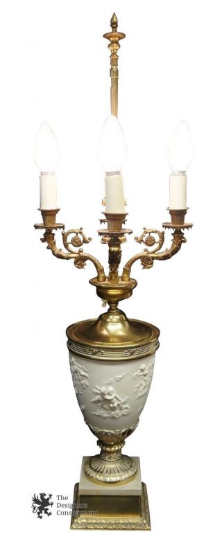 Early 20th Century High Relief Bisque & Brass Candelabra Table Lamp Cherubs 37 "