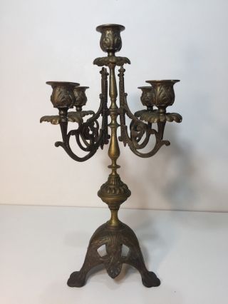 Vintage French Brass Bronze 5 Arms Candelabra Candlestick,  15 " Tall X 8 1/2 " W