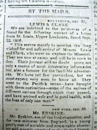 1806 newspaper LEWIS & CLARK in St Louis REVOLUTIONARY WAR HERO HENRY KNOX DEAD 2