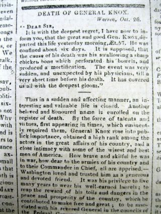 1806 newspaper LEWIS & CLARK in St Louis REVOLUTIONARY WAR HERO HENRY KNOX DEAD 3