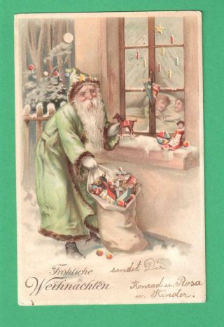 1904 HTL CHRISTMAS POSTCARD SANTA CLAUS SACK TOYS WINDOW SILL SNOW CHILDREN 2