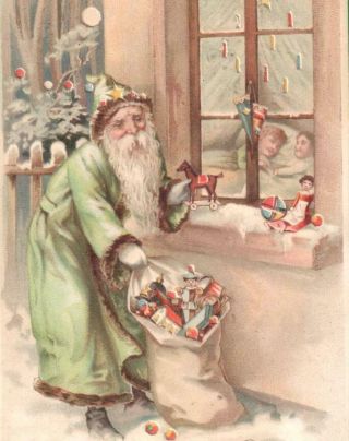 1904 HTL CHRISTMAS POSTCARD SANTA CLAUS SACK TOYS WINDOW SILL SNOW CHILDREN 3