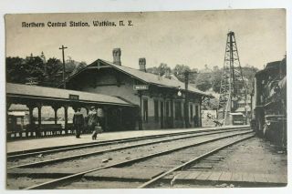 Ny Postcard Watkins York Northern Central Rr Railroad Train Station Depot