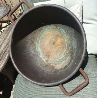 Antique Heavy Copper Candy Kettle,  Handled Bowl Pot,  24 " D X 10 " H
