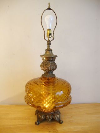 Vintage Mid Century 34 " Amber Glass Hollywood Regency Table Lamp W/night Light.