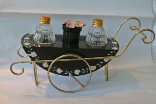 Vintage Delicate Miniature Tea Cart With Flowers Salt And Pepper Shakers