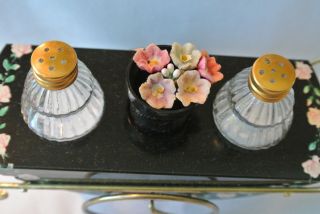 Vintage Delicate Miniature Tea cart with flowers Salt and Pepper shakers 3