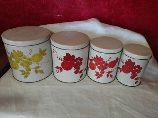 4 Vtg Tin Kitchen Canister Storage Set Containers Mcm Grapes Fruit Nesting 1950