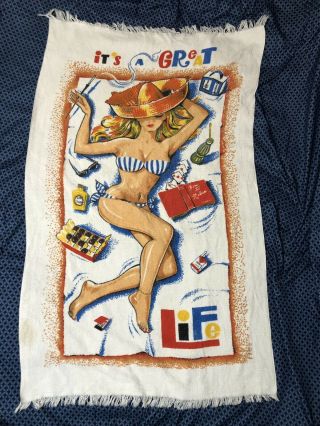 Vintage 60s Cannon Beach Towel A Great Life Smoking Pin Up Girl Woman