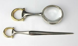 Gucci Italy Silver & Gold Tone Horse Stirrup Letter Opener Magnifying Glass Sms