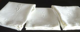 3 Vintage Linen Huck Damask Towels “s” Monogram Uu821