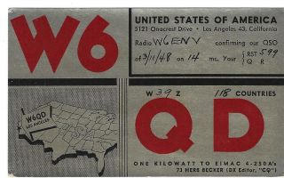 Qsl 1948 W6qd Herb Becker Los Angeles Ca Radio Card
