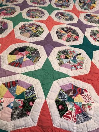 Vintage Hand Stitched Quilt Multi Circles With Colorful Stars Handmade 66”x75”