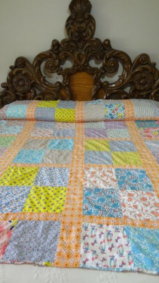 Great Vintage Feed Sack Four Patch Pattern Quilt Top L72.