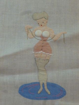Vintage Naughty Risque H Embroidery Appliqued Padded Bust Linen Guest Towel