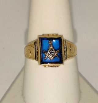 Vintage Gothic 10kt Yellow Gold Blue Lodge Masonic Ring Open Back Freemason Sz 9