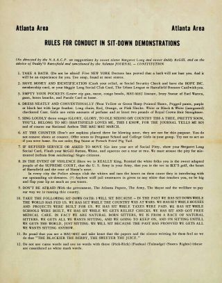 Anti - Civil Rights Flyer Rules Of Conduct Sit - Down Demonstrations Atlanta 1960
