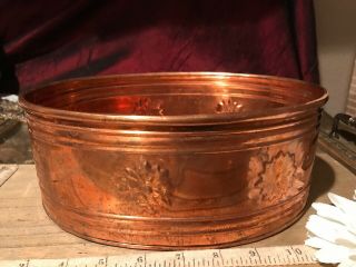 Copper Oval Thin Planter Embossed Floral Design 8 7/8 " X6 1/4 "