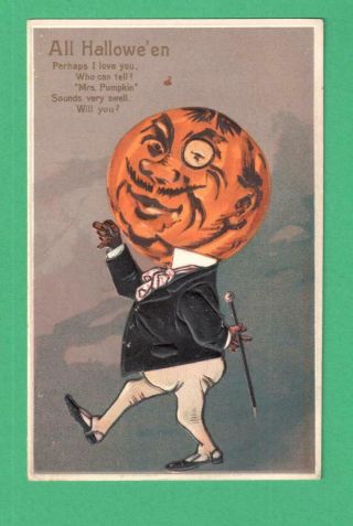 Vintage Halloween Fantasy Postcard Dapper/romantic Mr.  Pumpkin - Head Cane