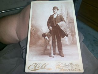 Antique Cabinet Photograph Benicia Ca Man With Large Hand & Dog