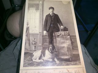 Antique Cabinet Photograph Man W/ Unusual Leather Sack Bag & Great Dog Nebraska