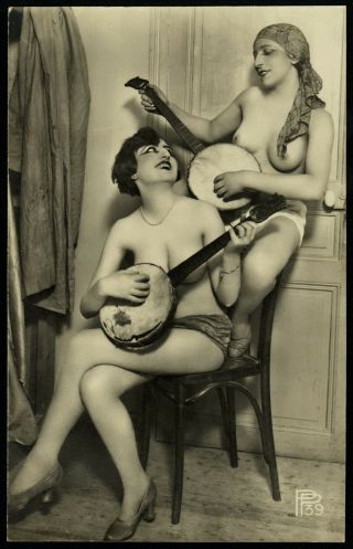 1920 French Photo Postcard Nude Lesbian Girls Romance Guitar Playing