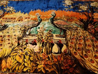 Vintage Double Peacock Velour Velvet Large Wall Decor Tapestry Mid Century