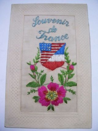Vintage Embroidered Silk Postcard,  Souvenir From France American Flag Marry Xmas