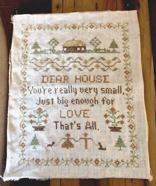 Vintage Cross Stitch Sampler Dear House Completed Primitive Farmhouse Decor C1
