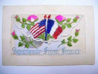 Vintage Embroidered Silk Postcard American Flag France Flag Flowers.  Souvenir Nr