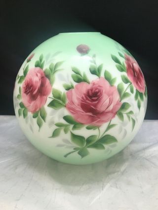 Antique Hand Painted Roses Floral 12″ Ball Oil Lamp Shade Banquet Parlor Gwtw