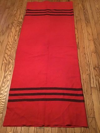 Vintage Wool Thick Blanket Red With Three Black Stripes Each End 70” X 86”