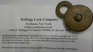 Antique 2 Dial Combination Padlock Lock Kellogg Lock Co.  Fredonia,  York 1910 2