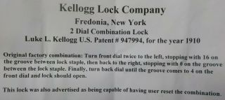 Antique 2 Dial Combination Padlock Lock Kellogg Lock Co.  Fredonia,  York 1910 6