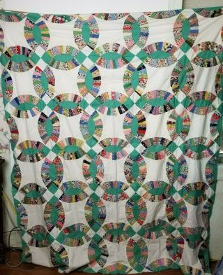 Vintage Wedding Ring Quilt Top Only Extraordinary Colors Hand Sewn 64 " W X 77 " L