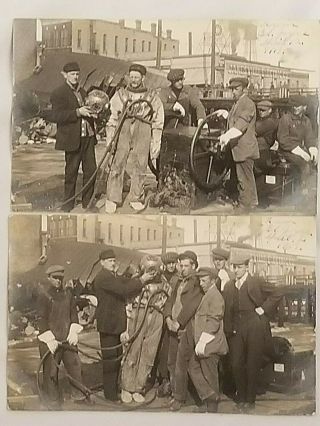 2 - Workers And A Deep Sea Diving Suit Helmet 1913 Postcard Rppc