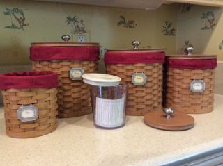 Longaberger Basket Canister Set 2003 W/sealable Protectors Wood Lids Red Liners
