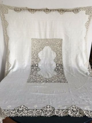 Vintage Ecru Linen Embroidered Tablecloth With Net Lace Center & Edges