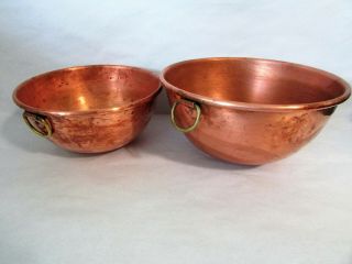 Vintage Set Of 2 Flat Bottom Copper Pot Mixing Bowl W/ Hanging Ring 10 " & 8.  5 "