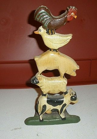 Vintage Cast Iron Metal Farm Animals Stacked Door Stop 11.  5 " Tall (h)