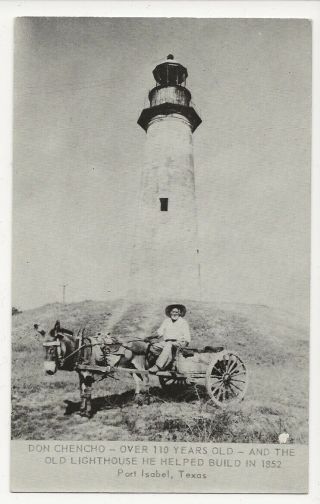 Port Isabel,  Tx.  Mule Drawn Wagon In Front Of Lighthouse.  Vintage Postcard