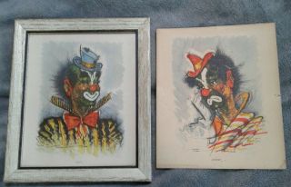 Donald Art Co Clown Lithograph Prints Pat & Mick 1960 Signed Penn 6 " X 5 " Set/2