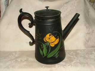 Antique Tin Coffee Pot Tole Ware Hand Painted Tiger Lily Floral Signed Dbh