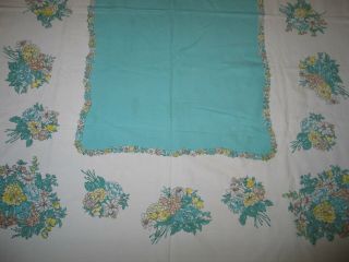 Vintage Printed Tablecloth / 1940s Tablecloth / Mid Century / Aqua Blue / Retro