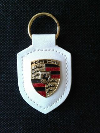 Porsche White Leather Colour Crested Keyring Keyfob Key Ring Wap050096oe