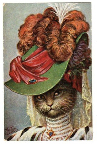 Postcard Thiele Cat Plumed Green Hat With Veil T.  S.  N.  Series 896 (rec)