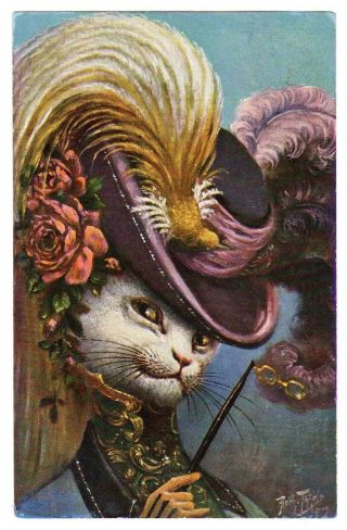 Postcard Thiele Cat Plumed Purple Hat With Lorgnette T.  S.  N.  Series 896 (rec)