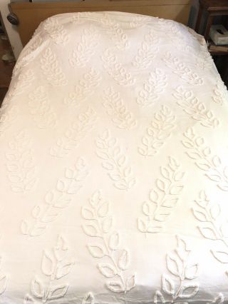 Pair Vintage Chenille Twin? 3/4 Bedspreads White Leaves 1 Good 1 Spots