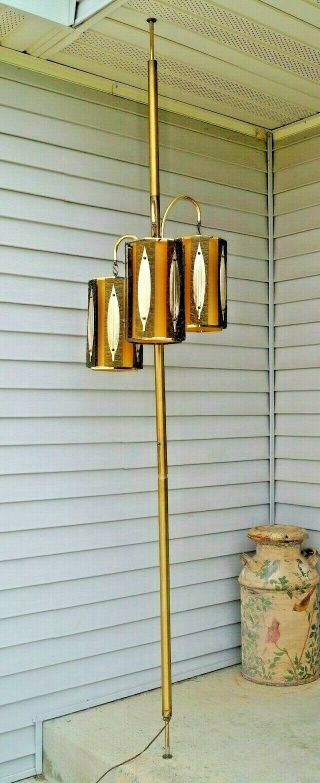 Vintage 1960s Mid Century Modern Brass 3 Stage Electric Hanging Swag Pole Lamp